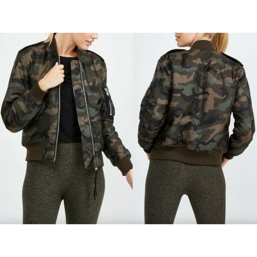 $650 SAM Green Camouflage Cropped Nylon Carly Bomber Jacket size XS